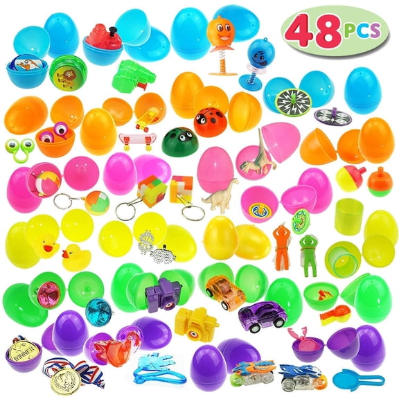 Prefilled Egg Toys Filled Easter Eggs, Prefilled Plastic, Bright Colorful with Popular Toys, 48 Count, 2.5 Inches
