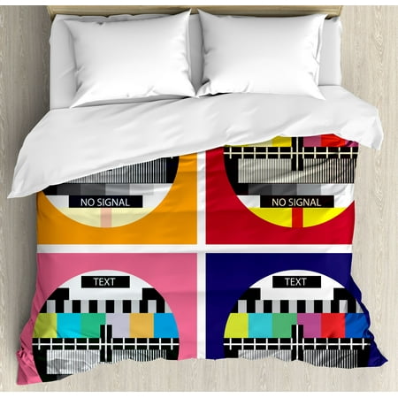 Channel 4 Piece Set Modern Decor King Size Duvet Cover Set, Television Radio Channel Signal Digital Sign in Four Collage Artwork Image, Decorative 3 Piece Bedding Set with 2 Pillow Shams, Multicolor, by Ambesonne ()