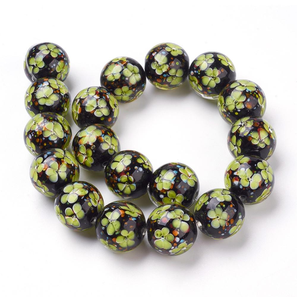 1 strand Handmade Inner Flower Lampwork Beads Strands Round Green Yellow 19~20mm Hole: 2.5mm 18pcs/strand 12.99 inch