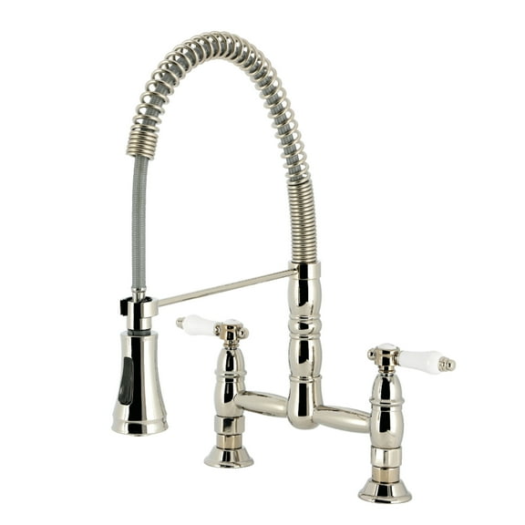 Kingston Brass GS1276BPL Bel-Air Double-Handle 2-Hole Deck-Mount Pre-Rinse Bridge Kitchen Faucet in Polished Nickel