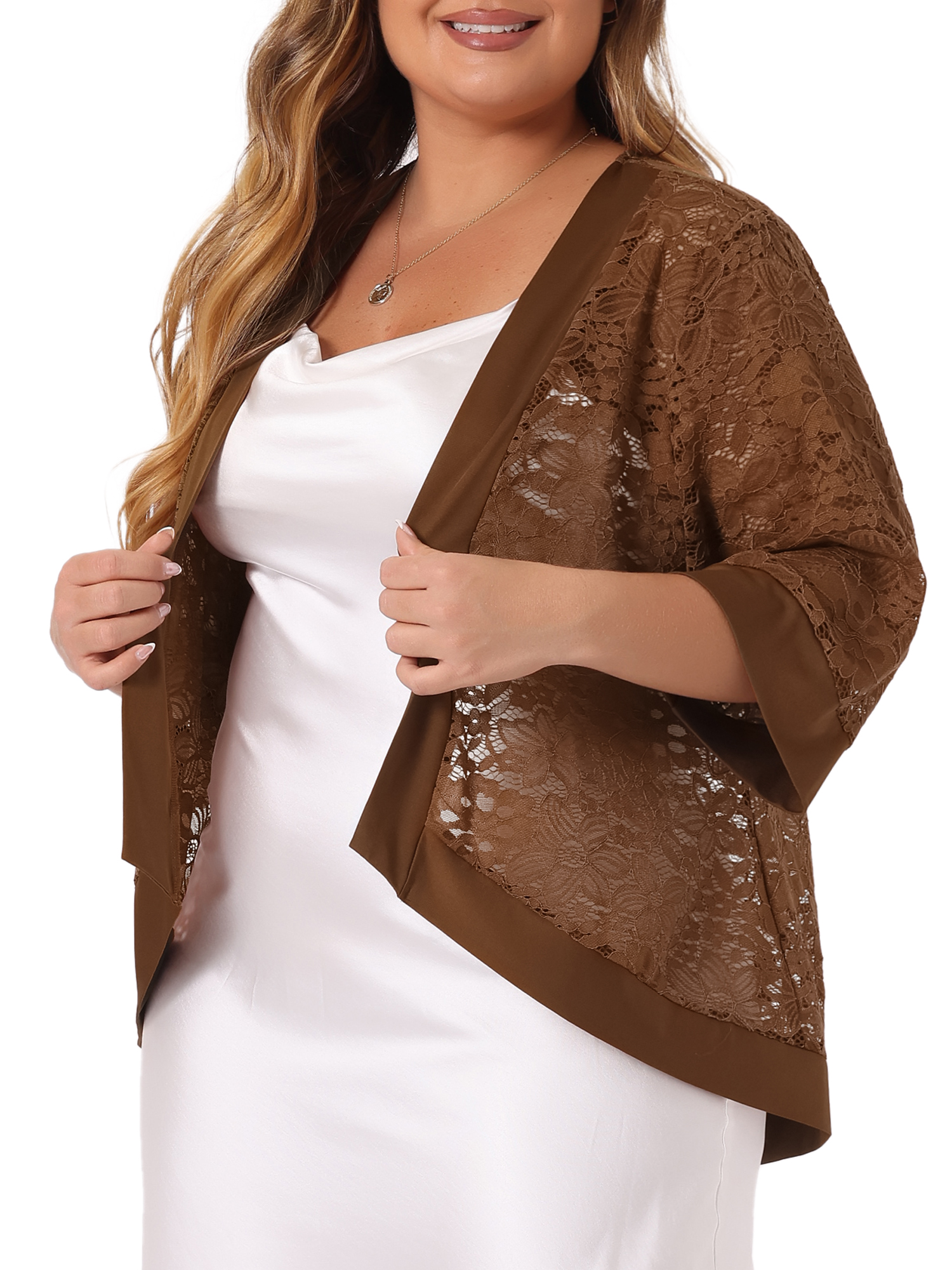 DARING DIVA Plus Size Bolero Outfits Lace Panel Sheer Cardigans 3X Brown
