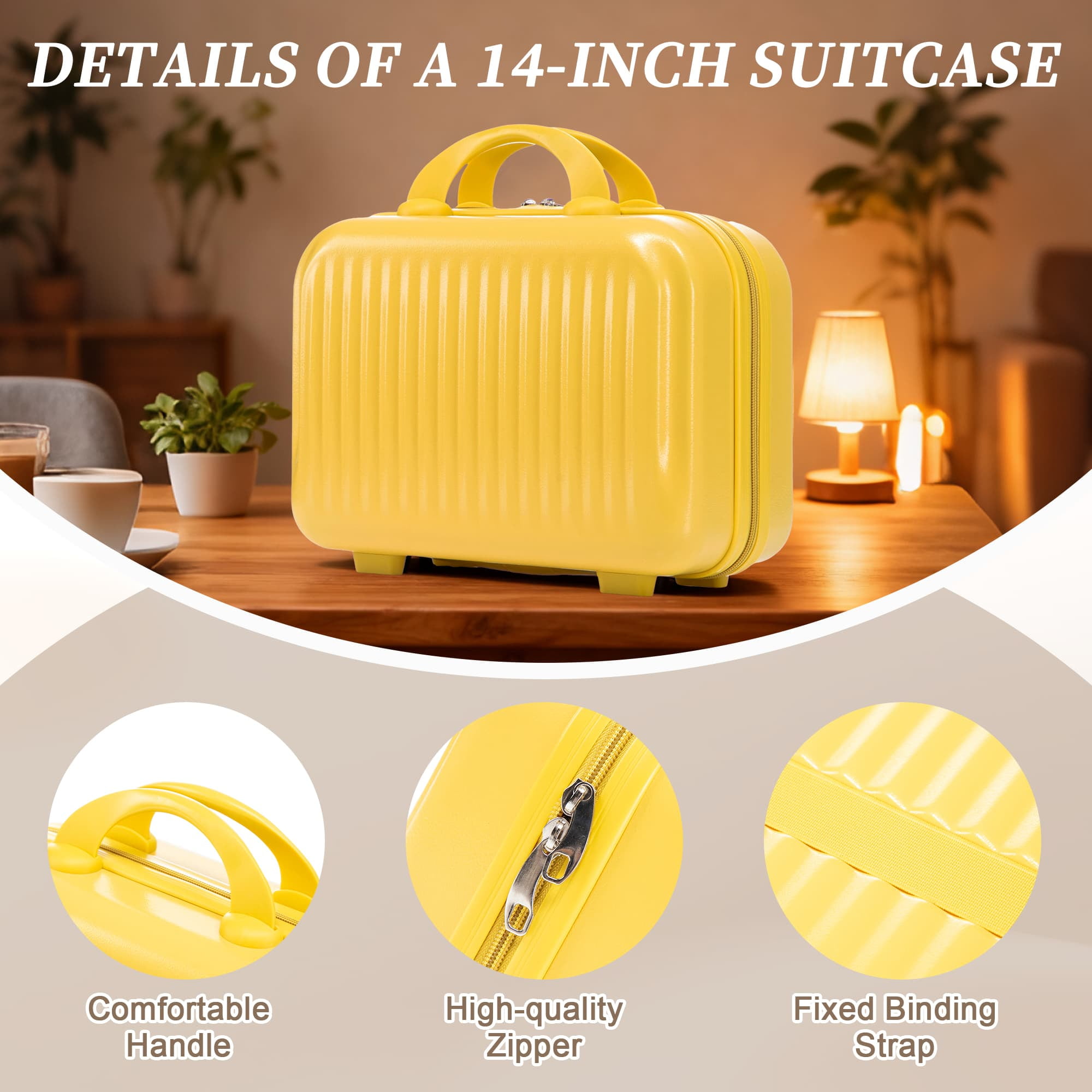 Leumius 2 Piece in ABS Spinner WheelLuggage Sets, HardsideSuitcase with CombinationLock,20 inch Carry OnLuggage 14 inch CosmeticCase,Yellow