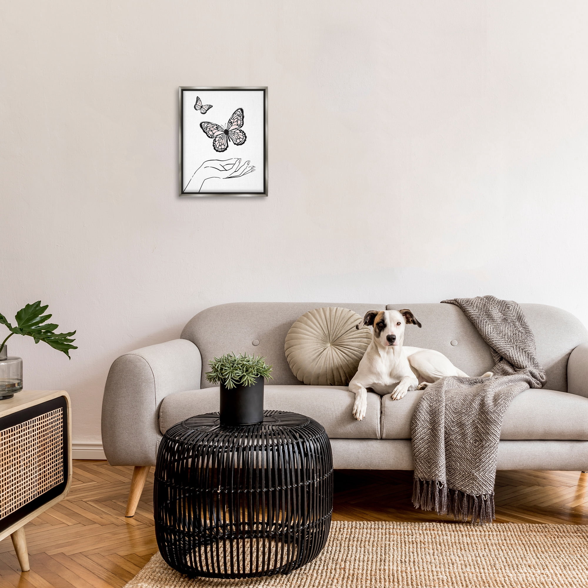 Stupell Industries Minimal Catching Butterflies Animals & Insects Painting Gray Floater Framed Canvas Art Print Wall Art, 17 x 21
