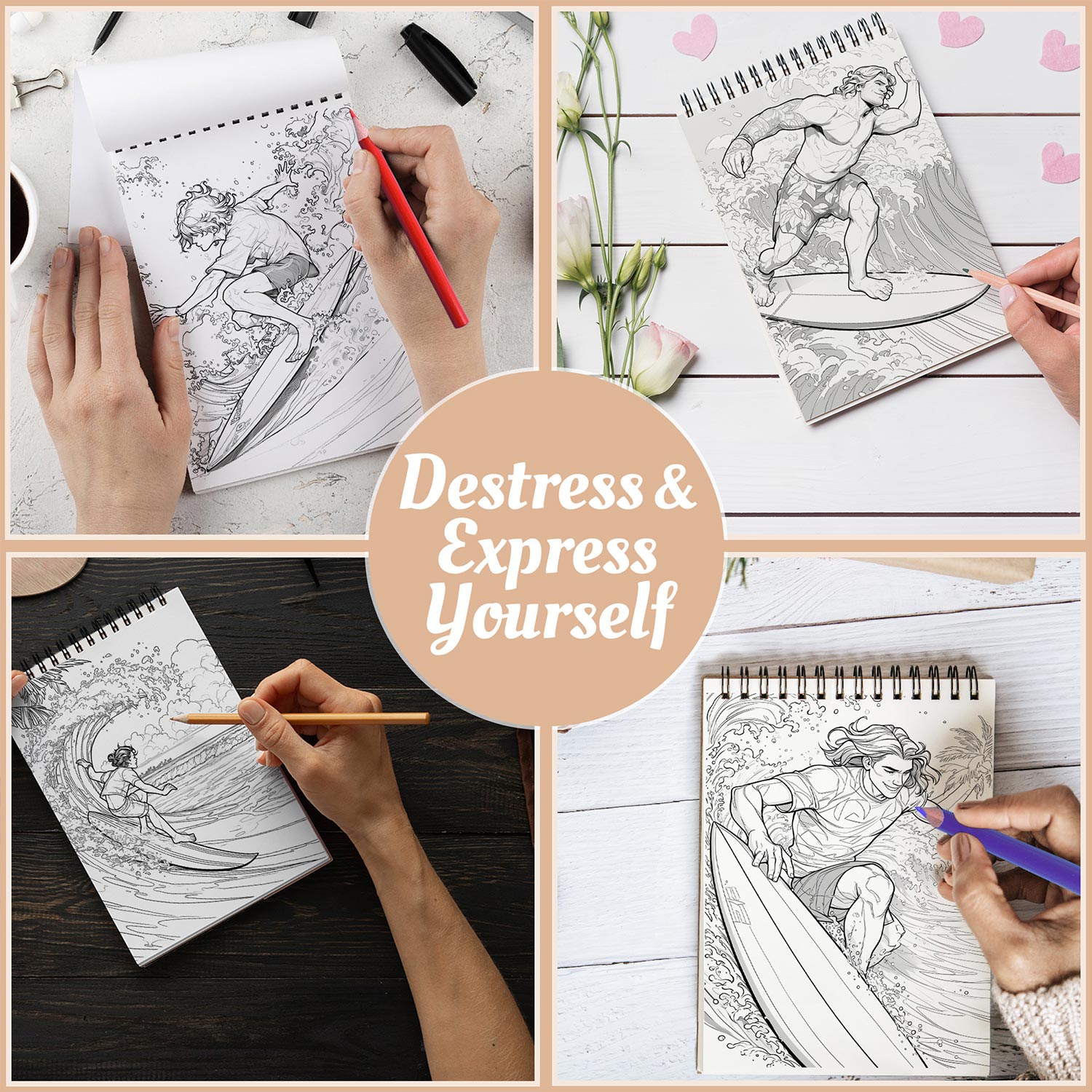 Netecom Surfboard Paradise Coloring Book for Adults, A5 Wooden Cover, 30 Beautiful Coloring Pages of Surfing Lifestyle for Stress Relief and Relaxation, Spiral Bound Edition