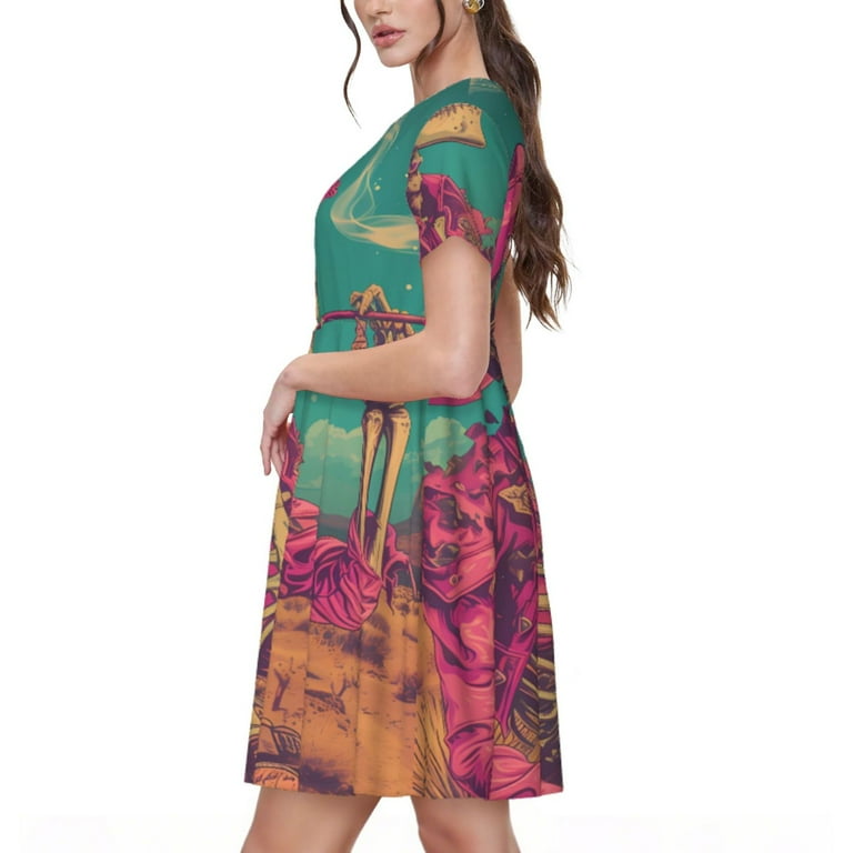 short western dress patterns Rateoe Western Desert Skull Cowboy (2) Pattern Women's Short Sleeve Dress –  Casual Elegant Summer A-Line Dress for Everyday Wear
