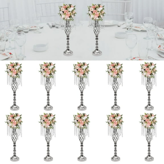 10Pcs Crystal Flower Stands Silver Wedding Centerpieces 21.7in Party Vases Home Decor