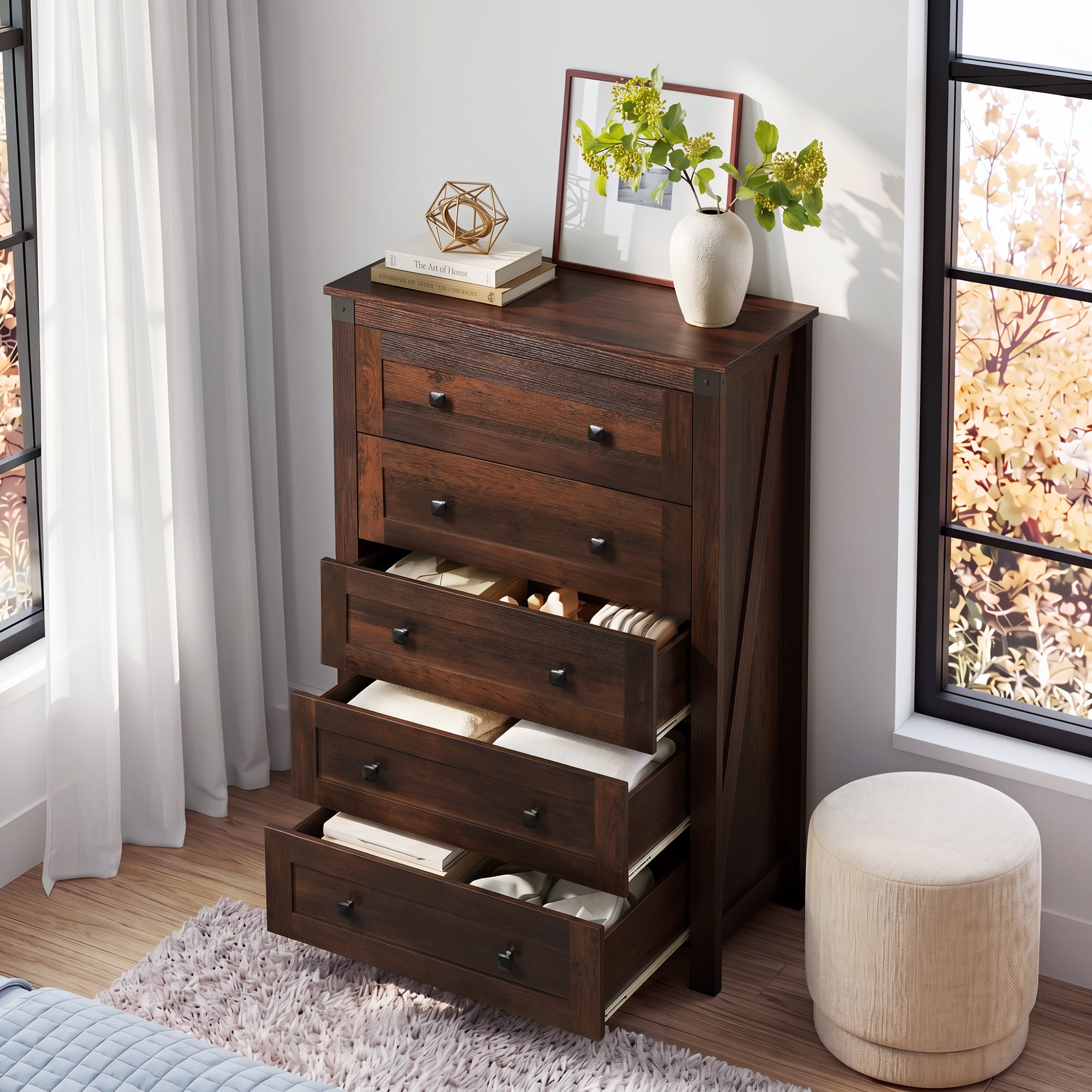 GALAXHERO Farmhouse 5 Drawer Dresser, Brown Tall Dresser with Double Rustic Handles, Wood Chest of Drawers for Bedroom, Living Room, Hallway