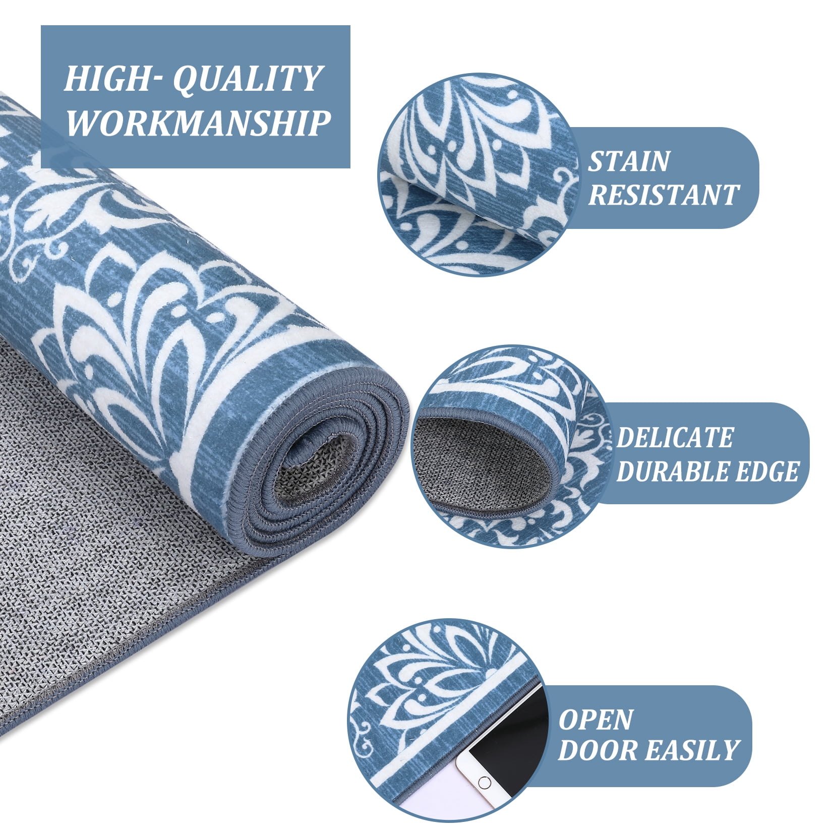 Tzou Vintage Washable Area Rugs for Living Room, 6x9 Low Pile Indoor Floral Carpet for Bedroom, Super Soft Foldale Distressed Accent Floor Mat for Dining Room, Non Shedding(Blue)