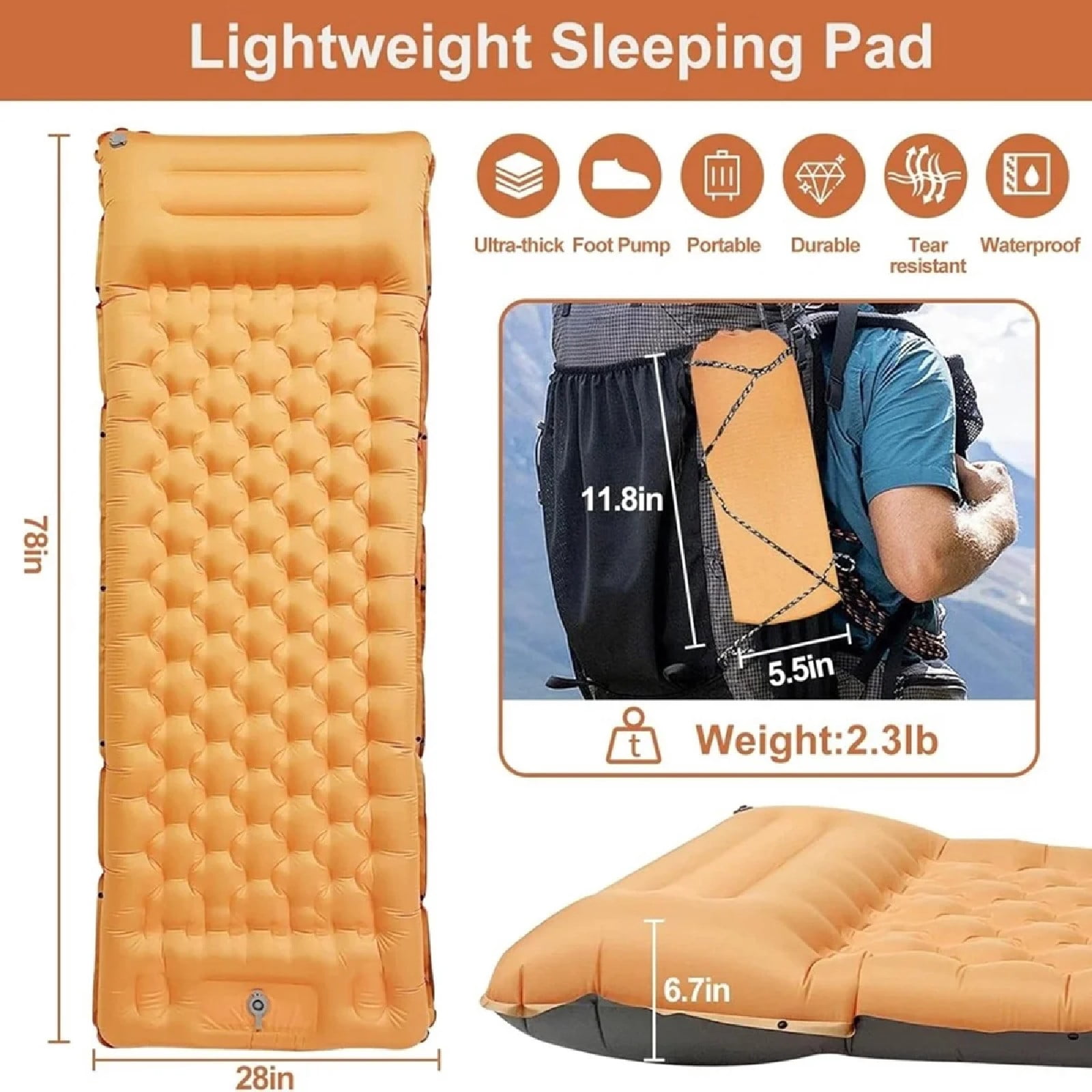 JOVELL Inflatable Sleeping Pad with Built-in Foot Pump & Pillow, 4.7" Thick Waterproof Camping Air Mattress, Self Inflating Sleep Pad for Backpacking, Hiking, Tent, Orange