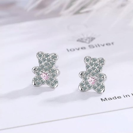 GKNET Womens 925 Silver Stud Earrings Pink Crystal Cute Bear Earrings Jewelry