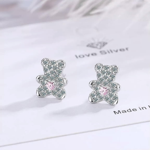 GKNET Womens 925 Silver Stud Earrings Pink Crystal Cute Bear Earrings Jewelry