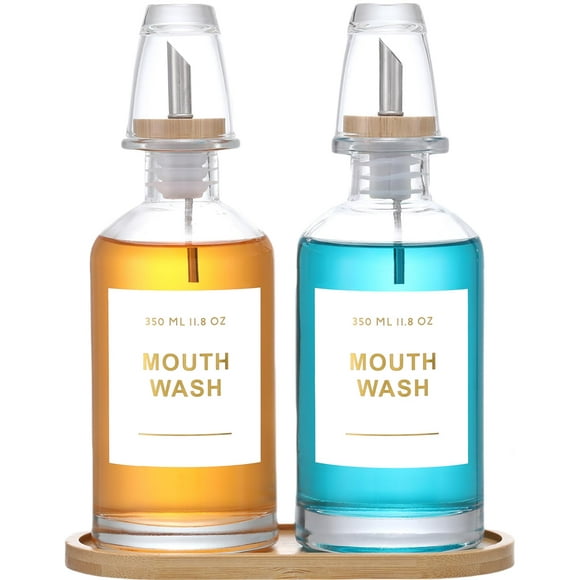 Set dispensador de enjuague bucal BONLONG Glass 350 ml con vaso y bandeja, 2 unidades