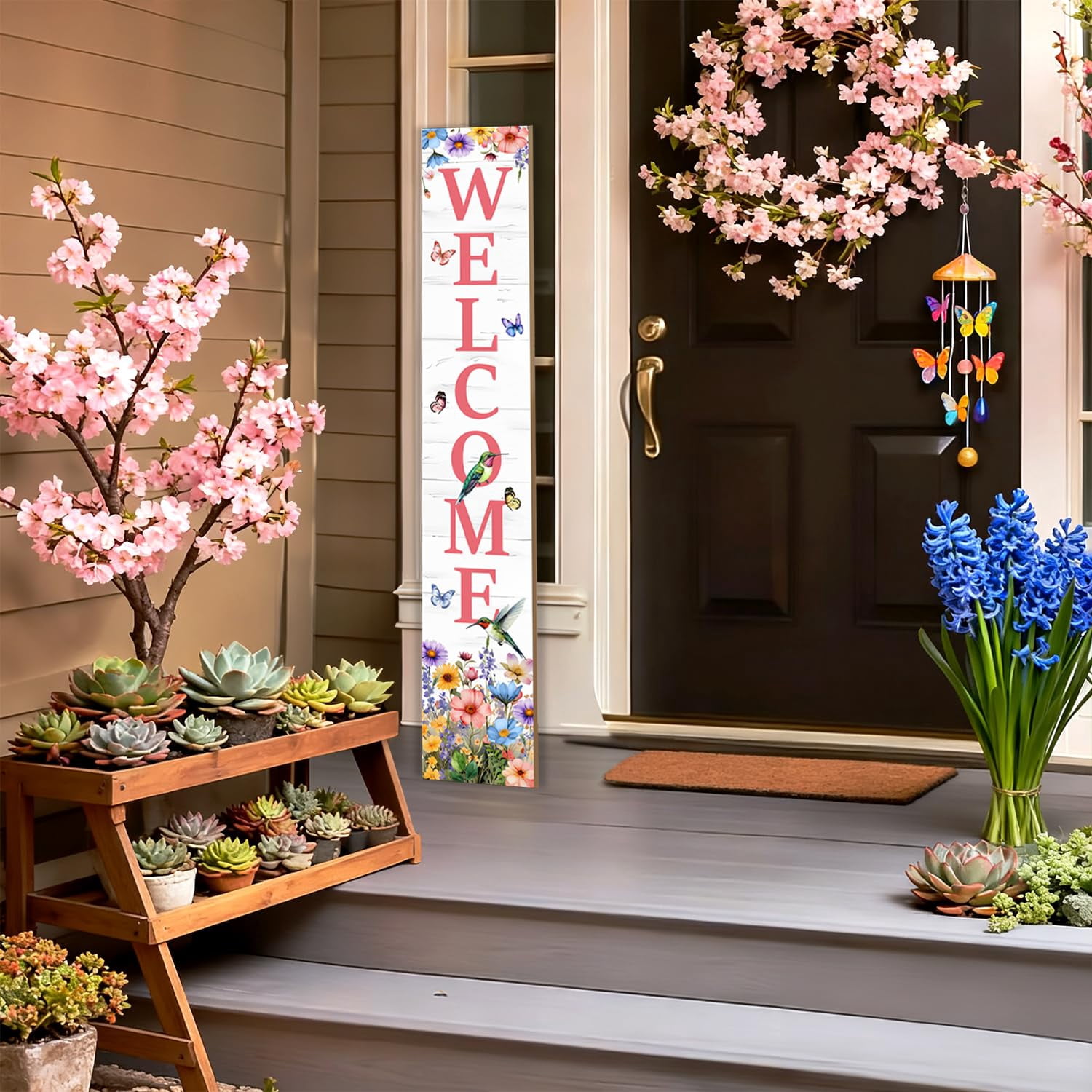 Hummingbird Welcome Sign For Front Door  Spring Porch Tulip Flowers Outdoor Yard Seasonal Tall Floral Wildflowers Wood Garden Patio Wall Home Decor
