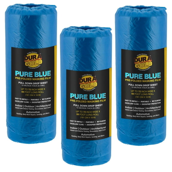 Dura-Gold 72" Wide x 59' Long Roll of Pure Blue Pre-Folded Making Film, 3 Pack - Overspray Paintable Plastic Protective Sheeting, Pull Down Drop Sheet, Auto Painting, Cover Cloth Home Walls Furniture