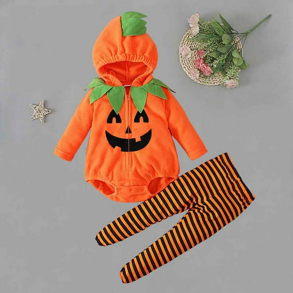 SYMOID Kids Boy Pumpkin Hall-oween Costume Set with Hooded Zip Top and Striped Pants for 0-24 Months,Size 6 Months