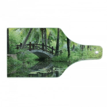 Peace Garden Cutting Board, Green Landscape in South China Palm Trees and Bushes Growth Nature, Decorative Tempered Glass Cutting and Serving Board, Wine Bottle Shape, Green Grey Brown, by Ambesonne