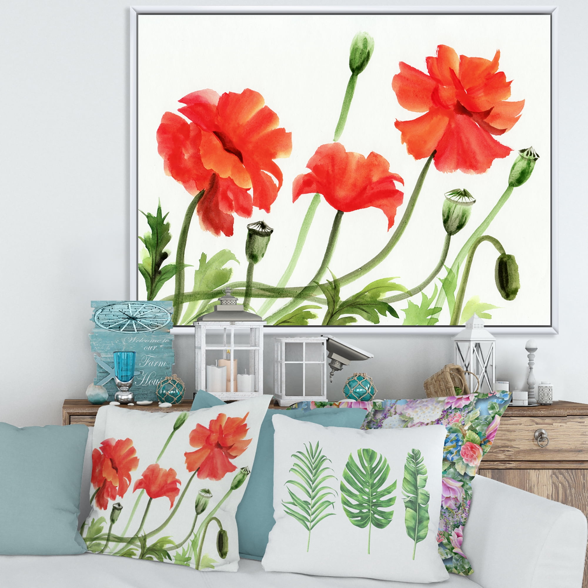 Designart 'Ancient Red Poppies III' Traditional Framed Canvas Wall Art Print