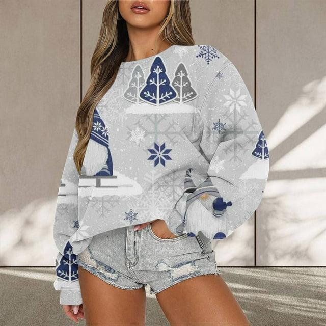 Chandails à Capuchon pour Femmes Mode Décontractée pour Femmes à Manches Longues Col Rond Imprimé Chandail en Molleton pour Dames Hauts Blouse Chandail à Capuchon Surdimensionné pour Femmes en Liquidation