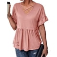 thumbnail image 4 of Xuanfei Women Solid Color V Neck Front Criss Cross Frill Short Sleeve Blouse, 4 of 5