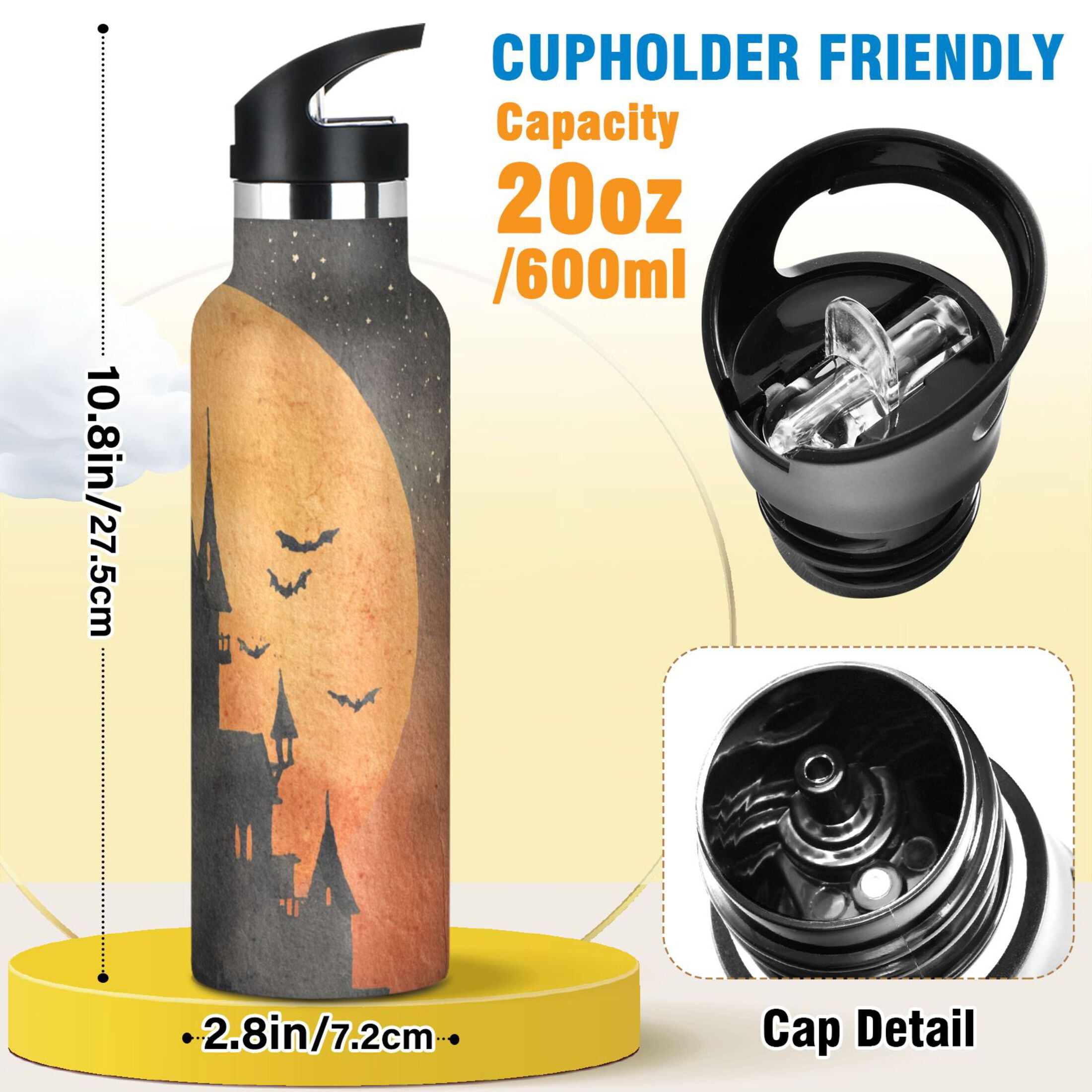 600ML Stainless Steel Insulated Cup Sports Water Bottle Portable Thermos Cup Water Glasses Insulated Tumblers Convenient and Durable Halloween Castle