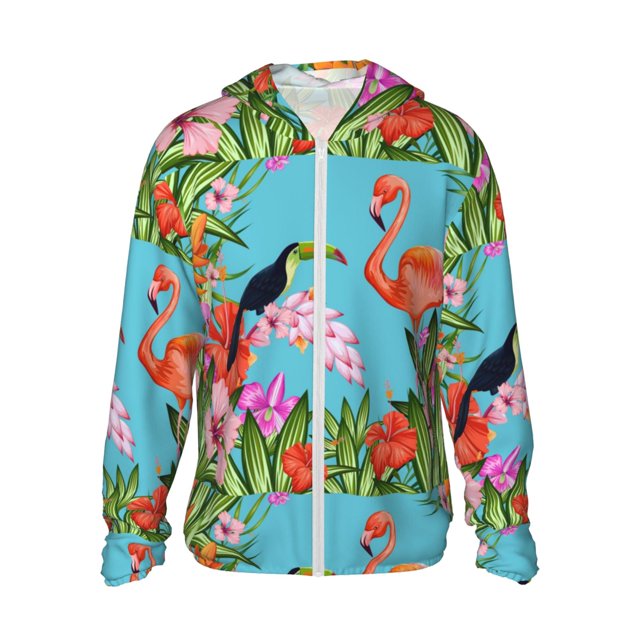 Fotbe Tropical Jungle Flamingo Chaqueta con Protección Solar UPF 50+ para Hombre y Mujer, Camisa con Capucha y Bolsillos-Large
