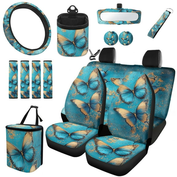 Yuyamidu Butterly Car Seat Cover Full Set of 15 Blue Steering Wheel Protector Auto Seatbelt Pads Cup Coaster Trash Bin Air Vent Storage Box Rear View Mirror Cover Coasters Keychain