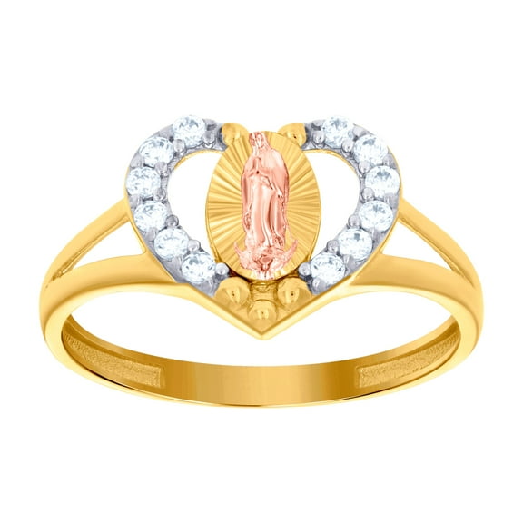 14k Tri-color Gold Womens Cubic Zirconia Love Heart Guadalupe Religious Ring Statement Ring for Women