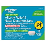 Equate 24 Hour Non-Drowsy Allergy Relief & Nasal Decongestant Loratadine and Pseudoephedrine Extended Release Tablets, 10 mg/240 mg, 15 Count, Compare to Claritin-D® 24 Hour Active Ingredients