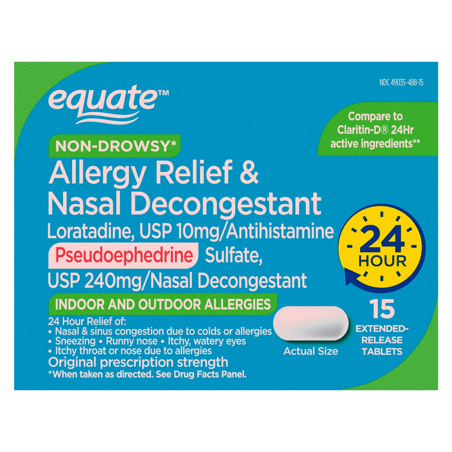 Equate 24 Hour Non-Drowsy Allergy Relief & Nasal Decongestant Loratadine and Pseudoephedrine Extended Release Tablets, 10 mg/240 mg, 15 Count, Compare to Claritin-D® 24 Hour Active Ingredients