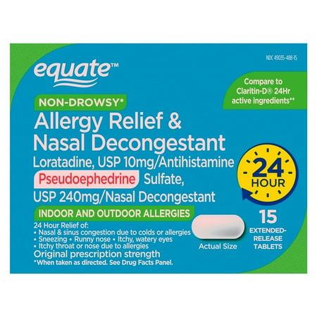Equate 24 Hour Non-Drowsy Allergy Relief & Nasal Decongestant Loratadine and Pseudoephedrine Extended Release Tablets, 10 mg/240 mg, 15 Count, Compare to Claritin-D® 24 Hour Active Ingredients