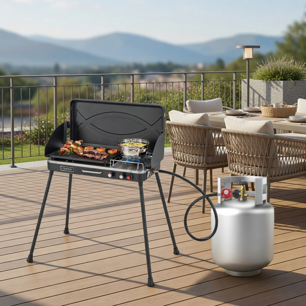 Resenkos Outdoor Patio Barbecue Cooker, Outdoor Grills,2-in-1 Gas Camping Grill and Stove with Detachable Legs-Black