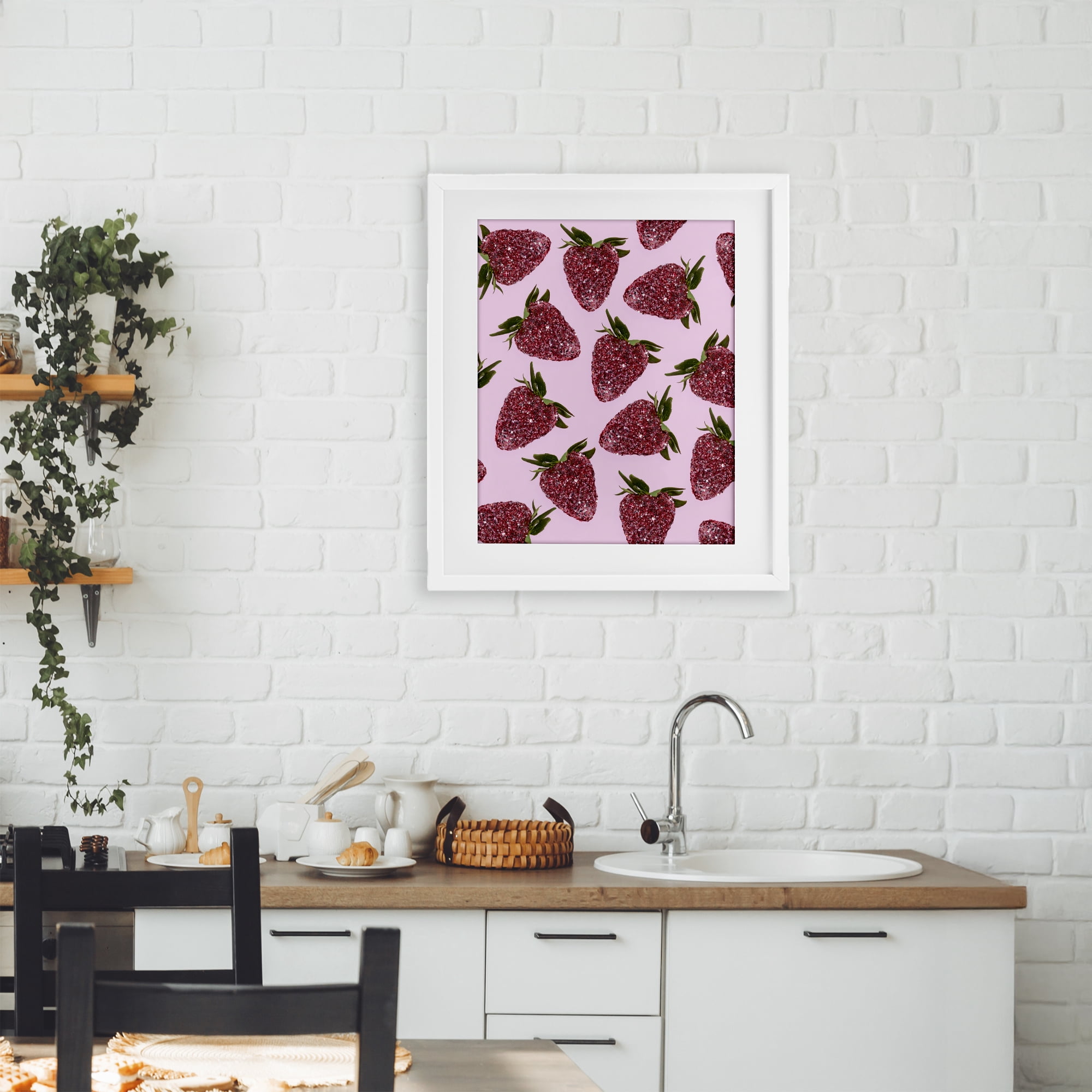 Stupell Industries Glimmer Strawberry Pattern White Framed Print Under Glass, design by LISH Creative