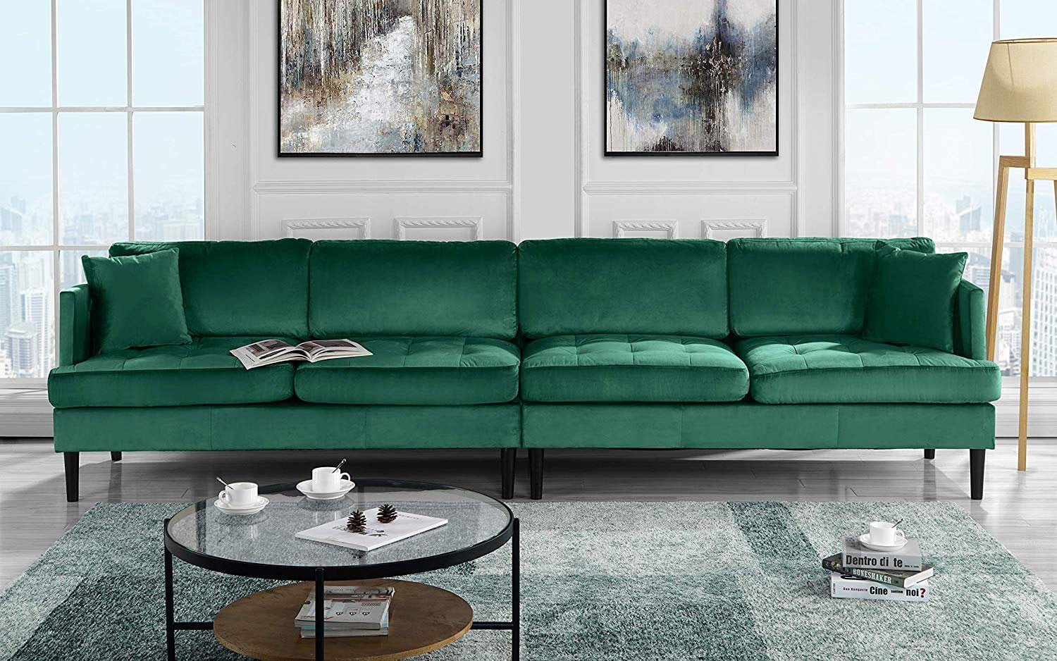 Mobilis MidCentury Modern Extra Large Microfiber Velvet Upholstered Sofa with Tufted Seats