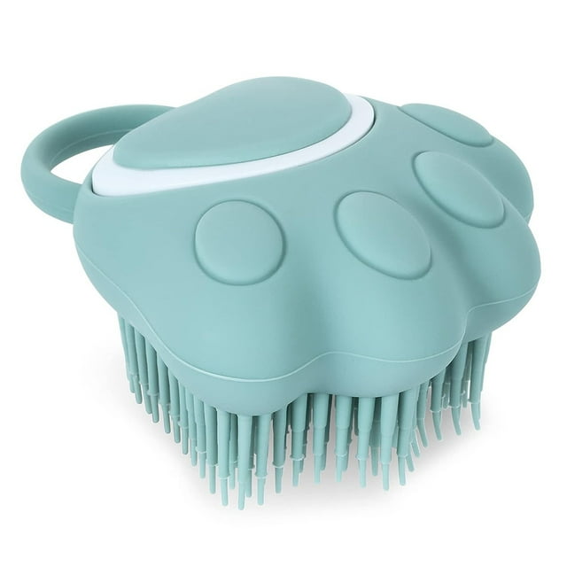 Silicone Puppy Grooming Tool with Shampoo Dispenser for Gentle Massage & Cleaning Soft Pet Bath Brush Comb. Designed for dog grooming, this paw-shaped brush is made of soft silicone with flexible bristles for cleaning, massaging, and removing loose fur. Features a built-in shampoo dispenser for easy pet cleaning.