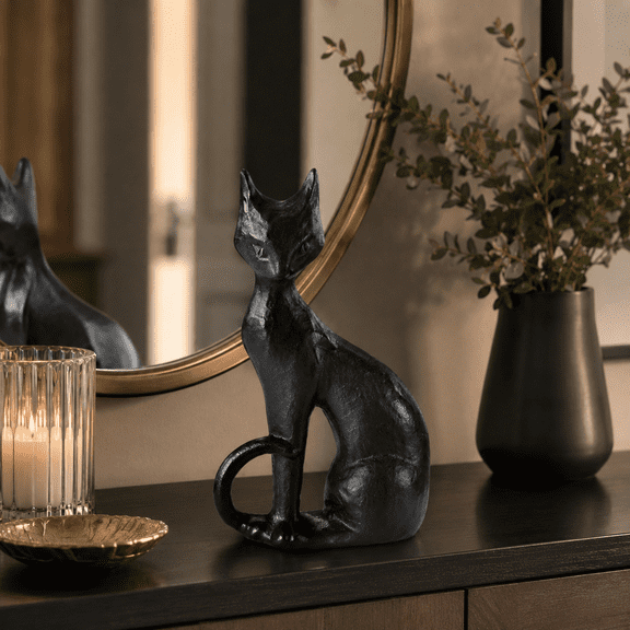 Clearance! Halloween Black Cat Figurine, Sculpted Bronze Style Cat Statue, Vintage Gothic Halloween Decoration for Halloween Indoor Tabletop Home Party Decor