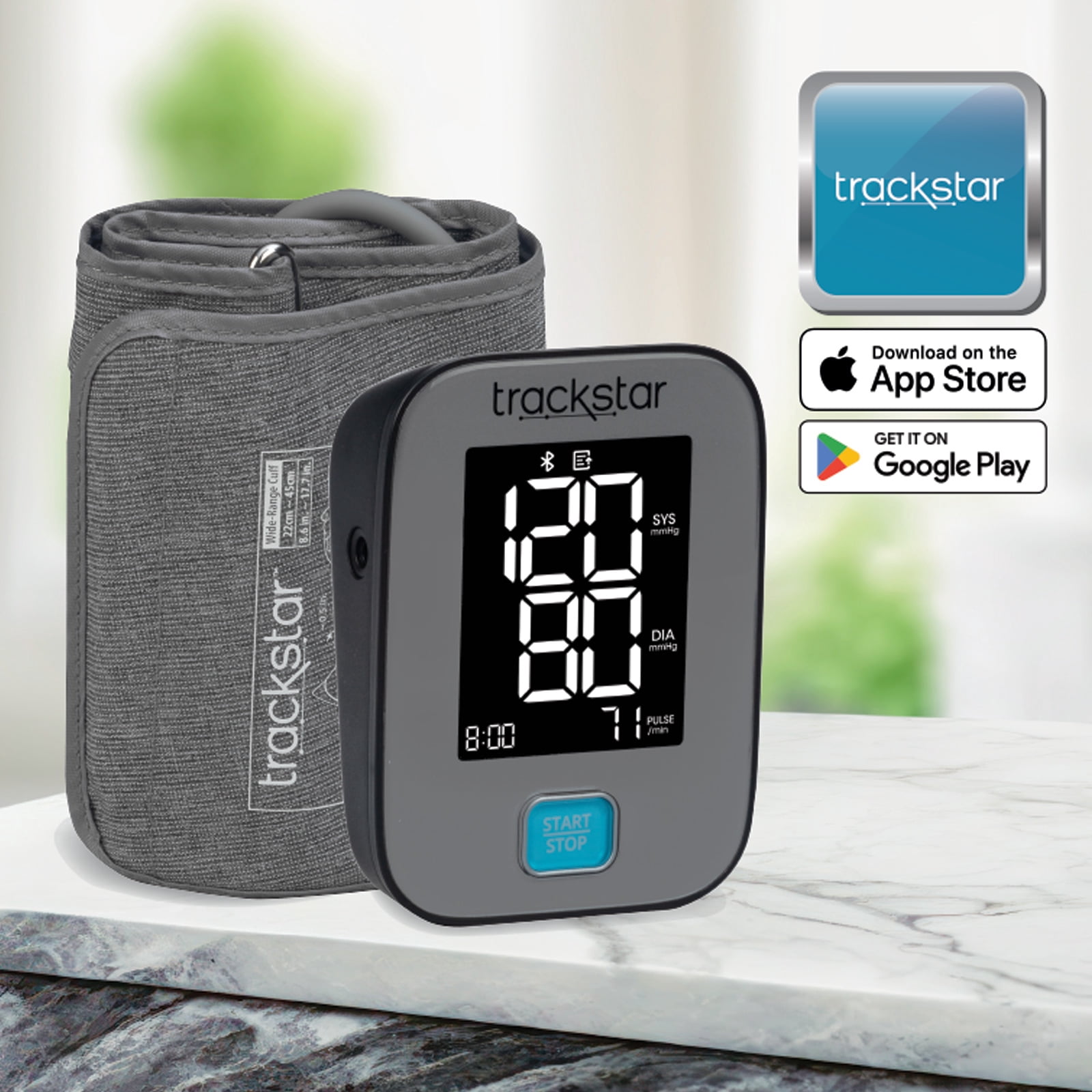 Trackstar Smart Blood Pressure Monitor | Wide-Range Upper Arm Cuff | Trackstar Monitoring App | Bluetooth iOS & Android Compatible | Measure, Track, and Share Results