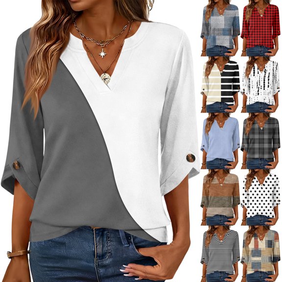 3/4 Length Sleeve Womens Tops V Neck T Shirts Plus Size Loose Fitting Tops Work Blouses Dressy Casual Outfits White M