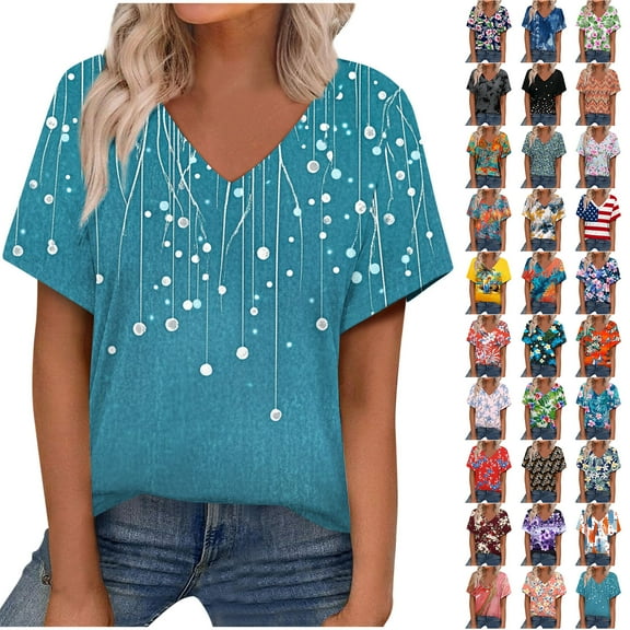 JTZGDY Fashion Oversized T-Shirts for Women Dressy Casual Vintage Floral Printed Summer Short Sleeve V Neck Graphic Tees Lightweight Soft Cotton Pullover Tops Navy#01 XL
