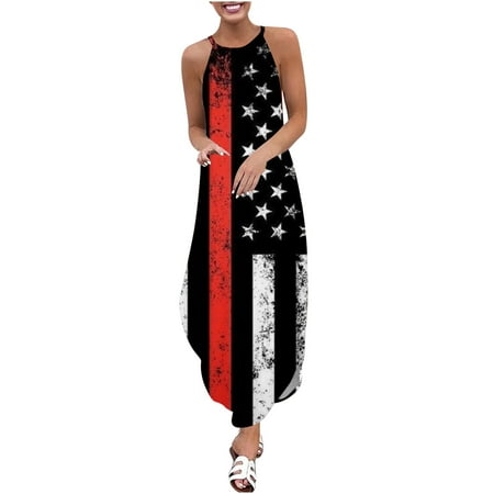 

Long Sleeve Dress for Women Independence Day Women s Summer Casual Sleeveless Halter Neck Suspender Skirt Slit Maxi Print Dress Maternity Dress Sweater Dress for Women