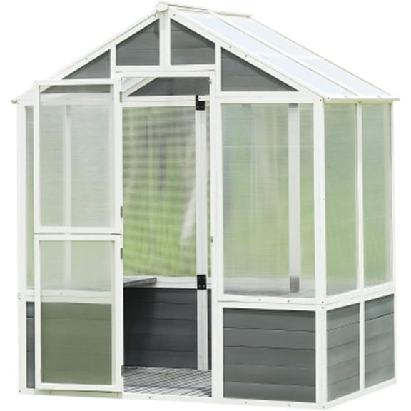 6x4 FT Polycarbonate Greenhouse, Wood Greenhouse Polycarbonate Plant Garden shed, Walk-in Outdoor Plant Garden Greenhouse with 2 Shelves, Wood Base and Front Door for Patio Backyard Lawn