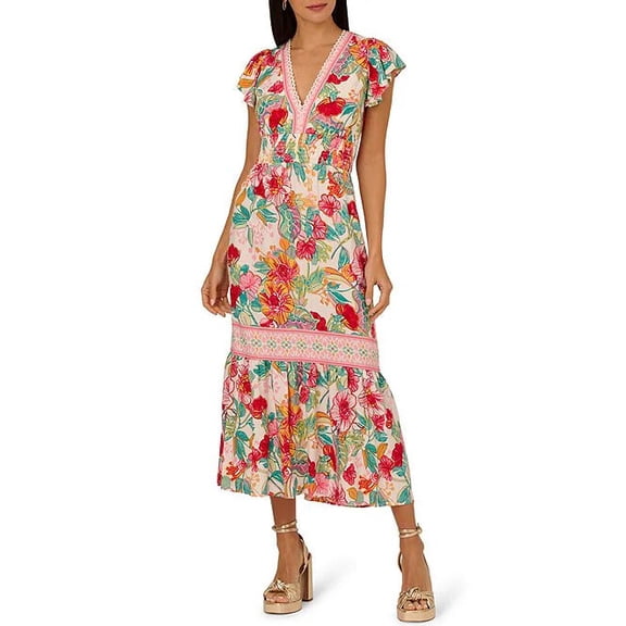 Adrianna Papell Floral V-Neckline Flutter Cap Short Sleeves Maxi Dress Color: PINK GREEN MULTI, Size: 16