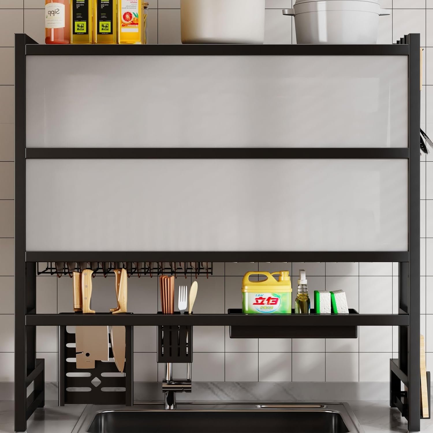 HOUGEET Dish Drying Rack Over The Sink, 2-Tier Kitchen Utensil Storage Organizer Shelf, Space-Saving ，Efficient Sink Drainer and Storage Solution - 85cm/33.46in (Black