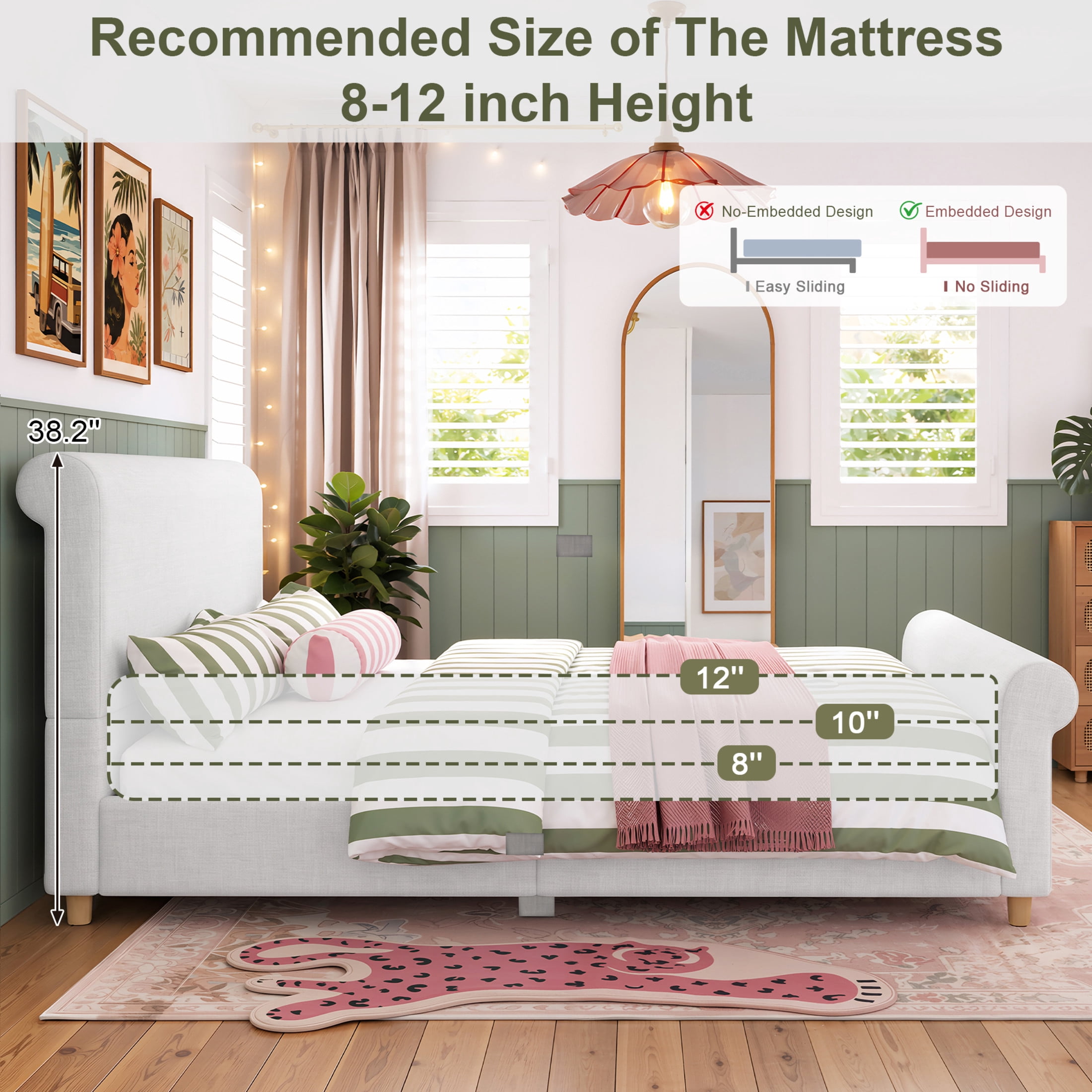 GDF Studio Flora King Size Upholstered Sleigh Bed Frame with High Headboard, Solid Wood Legs & Slats Support, Beige