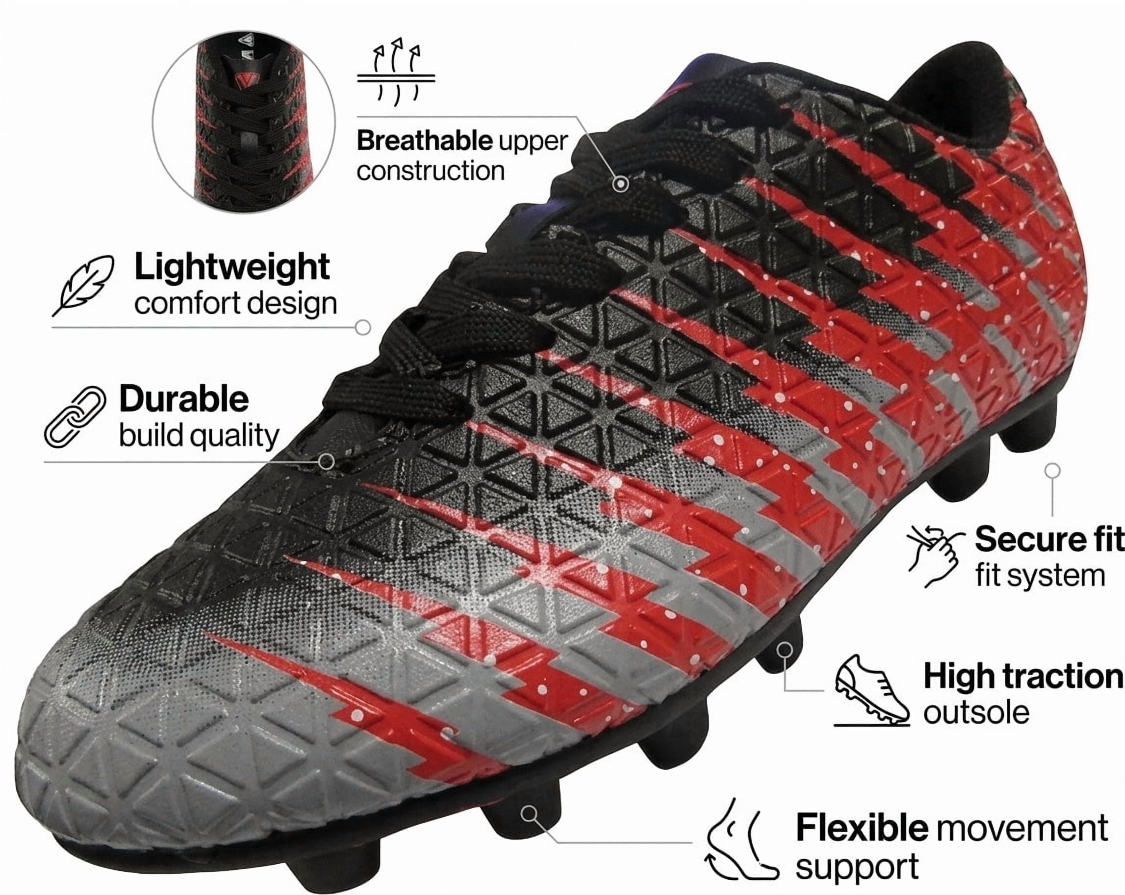 Vizari Bolt Firm Ground Soccer Cleats for Kids – Durable, Comfortable, and Stylish Boys and Girls Soccer Shoes with Traction - Black/red, 5.5