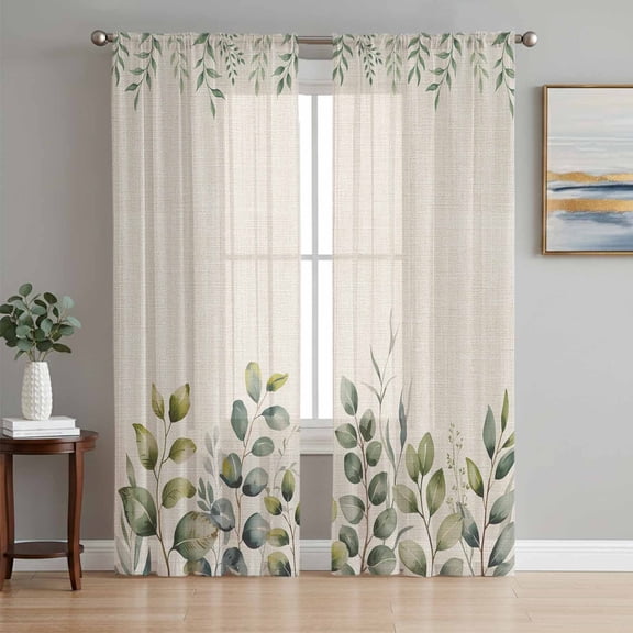 Eucalyptus Sheer Curtains 96 Inch Length 2 Panels Set, Sage Green Farmhouse Leaf Pastoral Plant Voile Window Treatment Semi Sheer Long Curtains Drapes for Bedroom/Living Room/Kitchen 52"x96"x2