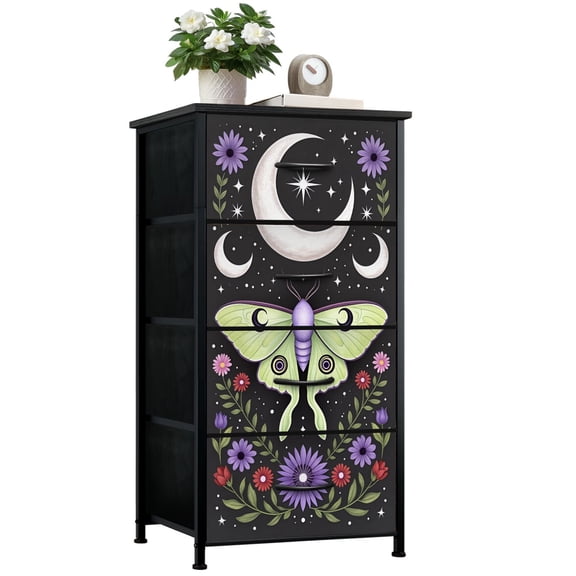 Gothic Dresser for Bedroom with 4 Storage Drawers Moth Moon Floral Purple Green Tones Dressers Chest of Drawers Steel Framed Fabric Closet Organizers for Teen Girls Dorm Entryway
