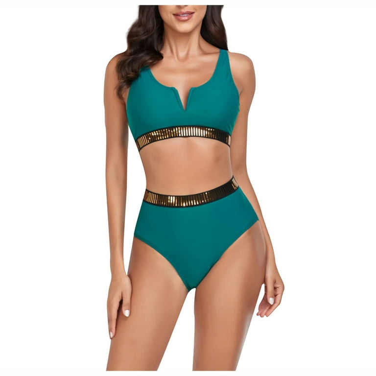Clearance Swimsuit!MIARHB Women's Split Solid Color Bikini Beach Swimwear  (2-Piece With Breast Pads And No Underwire) Dark Green S 