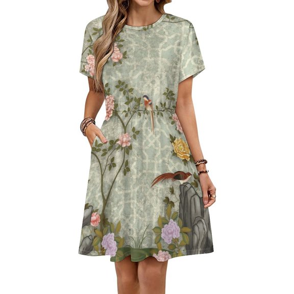 Chinese Traditional Flower Birds Dress Fashion Beach Short Sleeve Dresses Female Party Printed Sundress