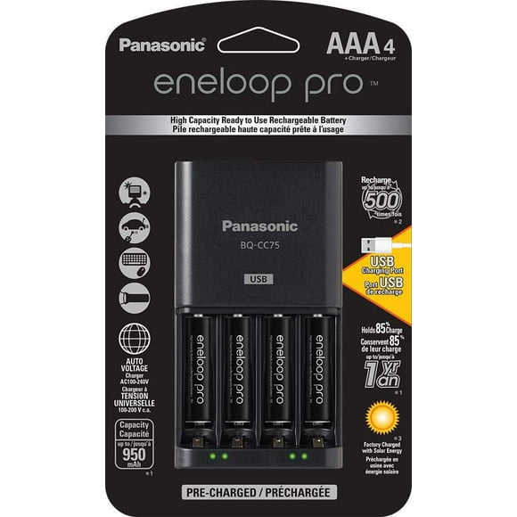 Panasonic Eneloop Chargeur de batterie avancé avec port de charge USB et 4 piles rechargeables AAA Eneloop pro haute capacité