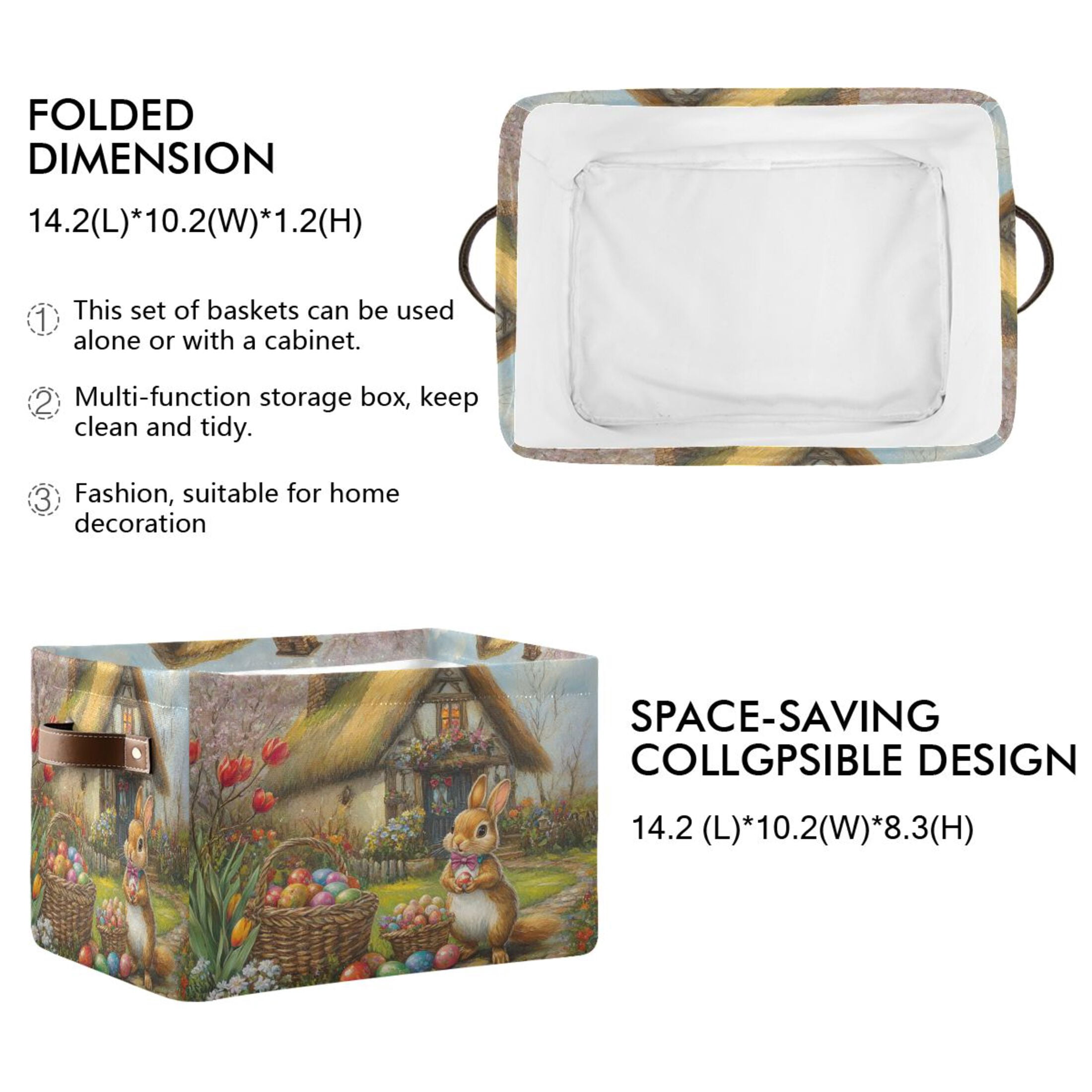 WOBOGO Easter Cozy Straw House Square Storage Basket with Waterproof Canvas and PE Lining Durable PU Leather Handles 14.2×10.2×8.3in